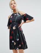 Asos Cold Shoulder Tea Dress In Photographic Floral Print - Multi