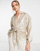 River Island Sequin Tie Front Shirt In Gold