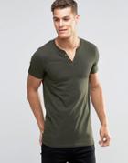 Asos Longline Muscle T-shirt With Grandad Notch Neck In Khaki - Green