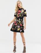 Asos Design Embroidered Mini Dress With High Neck And Open Back - Black