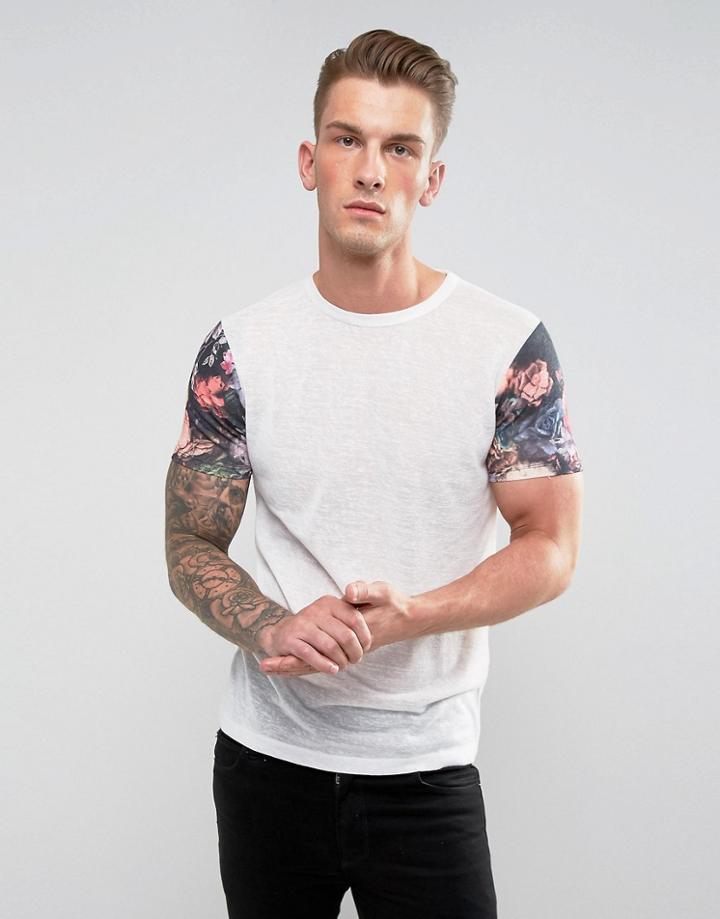 Asos T-shirt In Linen Look Fabric With Contrast Floral Sleeves - Multi