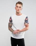 Asos T-shirt In Linen Look Fabric With Contrast Floral Sleeves - Multi