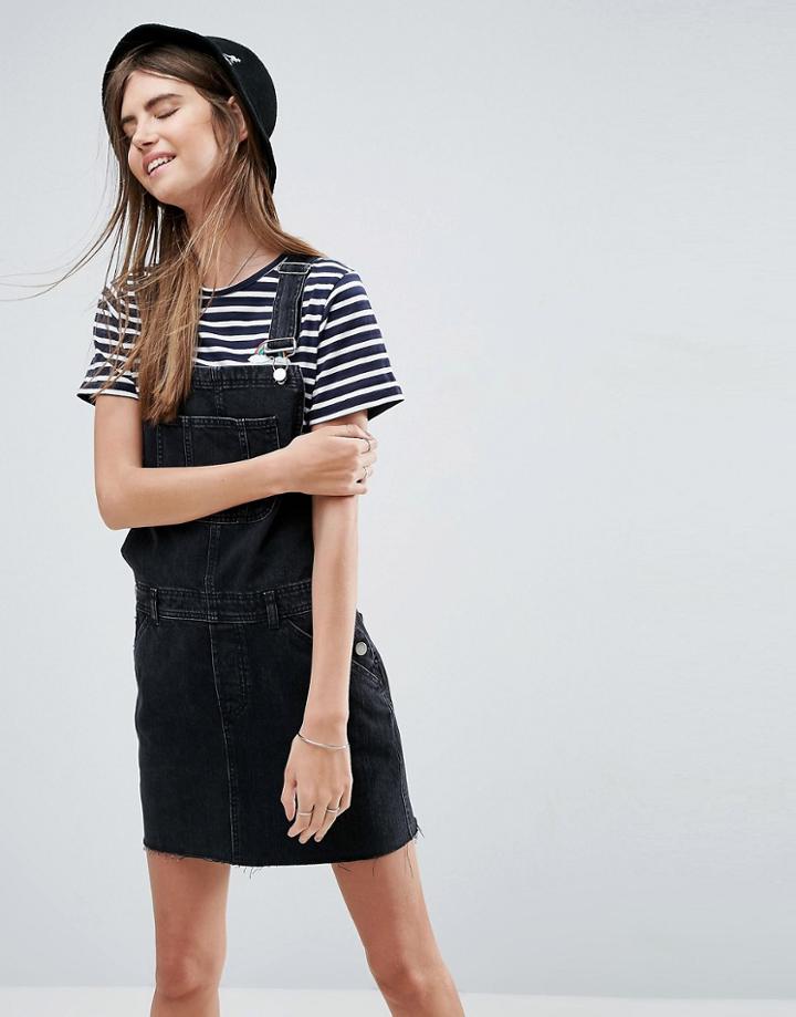 Asos Design Denim Overall Dress In Washed Black - Black