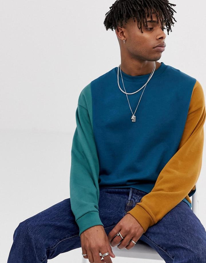 Asos Design Oversized Sweatshirt With Vertical Color Blocking - Blue