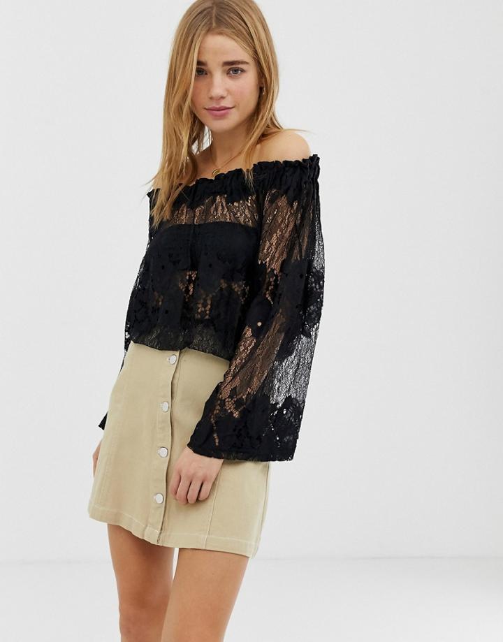 Qed London Lace Off Shoulder Top - Black