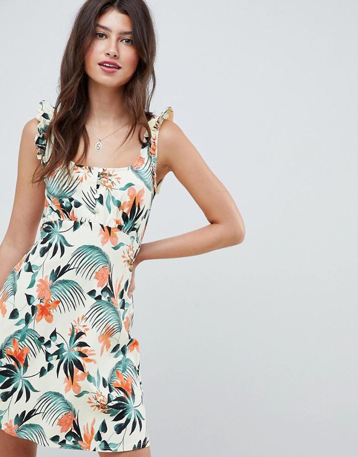 Asos Design Frill Sleeve Button Front Sundress In Tropical Print - Multi