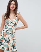 Asos Design Frill Sleeve Button Front Sundress In Tropical Print - Multi