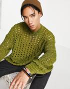 Asos Design Knitted Pointelle Sweater In Dark Lime-green
