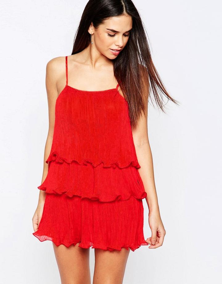 Pussycat London Pleated Dress With Frill Detail - Red