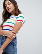 Daisy Street Short Sleeve Sweater With Rainbow Stripe - White