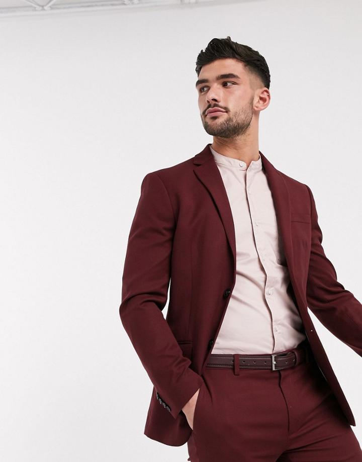 Topman Skinny Single Breasted Suit Jacket With In Burgundy-red
