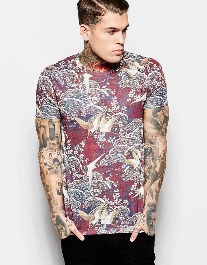 Asos T-shirt With Floral And Bird Print In Linen Look Fabric In Burgundy - Burgundy