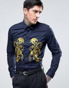 Devils Advocate Premium All Over Floral Embroidered Slim Fit Shirt - Navy