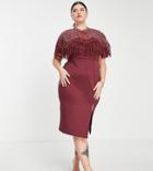 Asos Design Curve Embellished Scuba Pearl Feather Midi Dress In Oxblood-multi