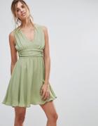 Asos Soft Ruched Panel V Neck Skater Dress - Green