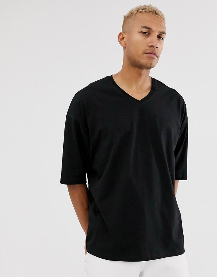 Asos Design Oversized T-shirt With V Neck And Seam Detail In Black
