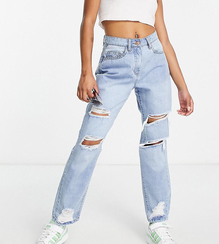 Parisian Petite Boyfriend Jeans With Knee Rips In Light Blue