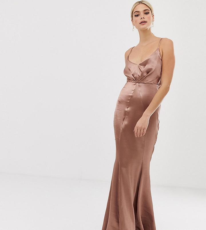Asos Design Tall Maxi Dress With Pleat Front In High Shine Satin With Fishtail Hem - Copper