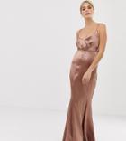 Asos Design Tall Maxi Dress With Pleat Front In High Shine Satin With Fishtail Hem - Copper