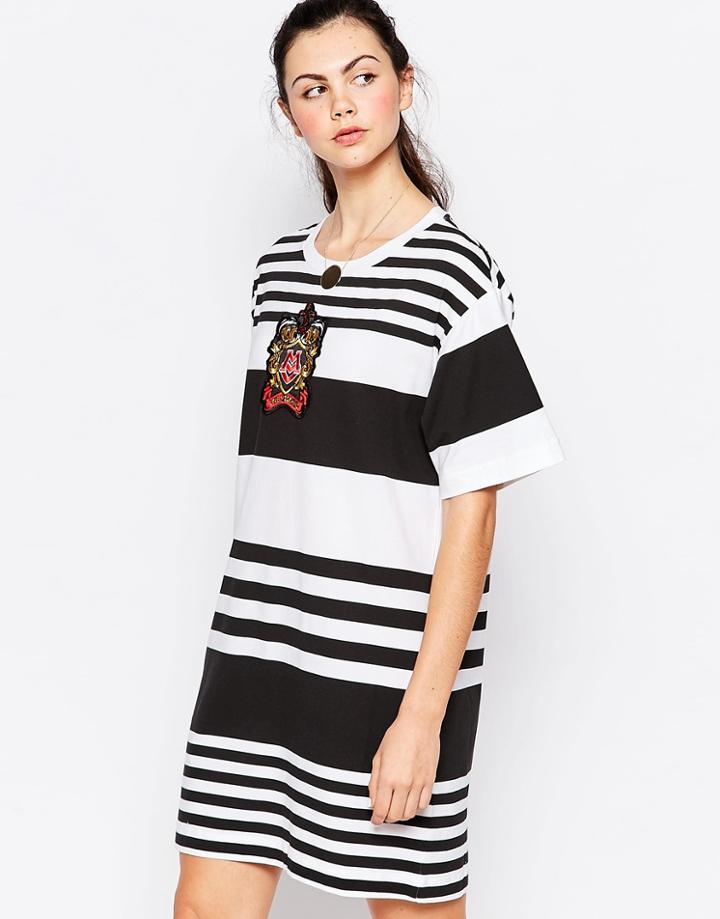 Love Moschino Striped Dress With Emblem - Black And White
