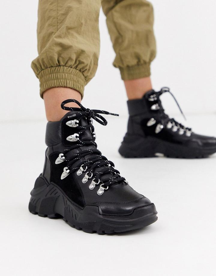 Asos Design Atlas Premium Leather Sporty Hiker Boots In Black