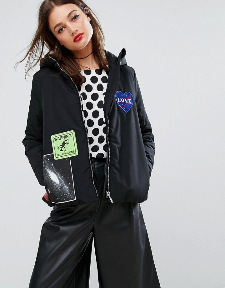 Love Moschino Badges Padded Hooded Jacket - Black