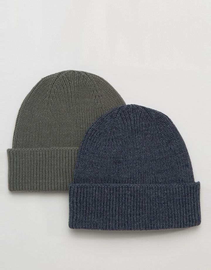 Asos Fisherman Beanie 2 Pack In Gray And Denim - Multi