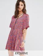 Milk It Vintage Short Sleeve Tea Dress In Ditsy Floral With Tie Neck - Multi