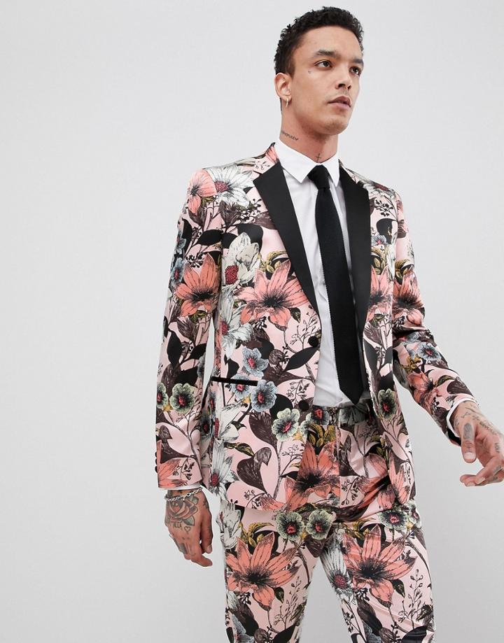 Asos Edition Skinny Tuxedo Suit Jacket In Pink Floral Sateen Print - Pink