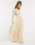 Asos Design Embellished Bodice Maxi Dress With Tulle Skirt In Soft Beige-multi