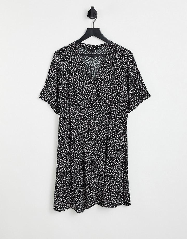 Monki Winona Mini Smock Dress With Button Through In Black Ditsy Floral Print