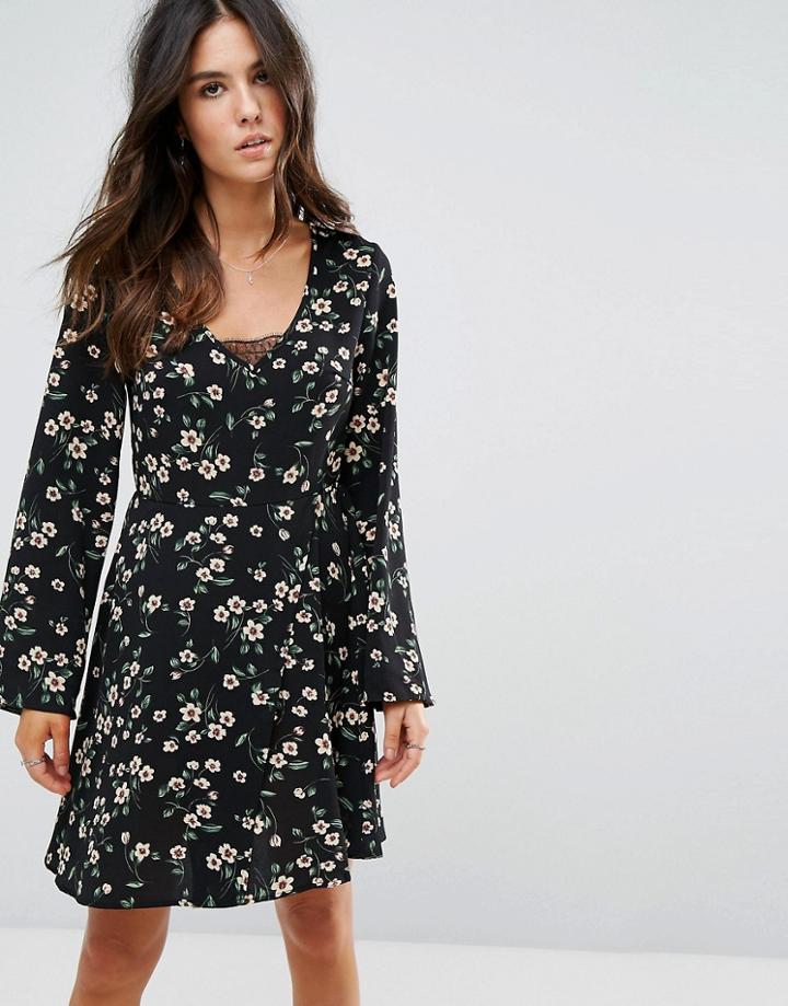 Brave Soul Floral Skater Dress - Black