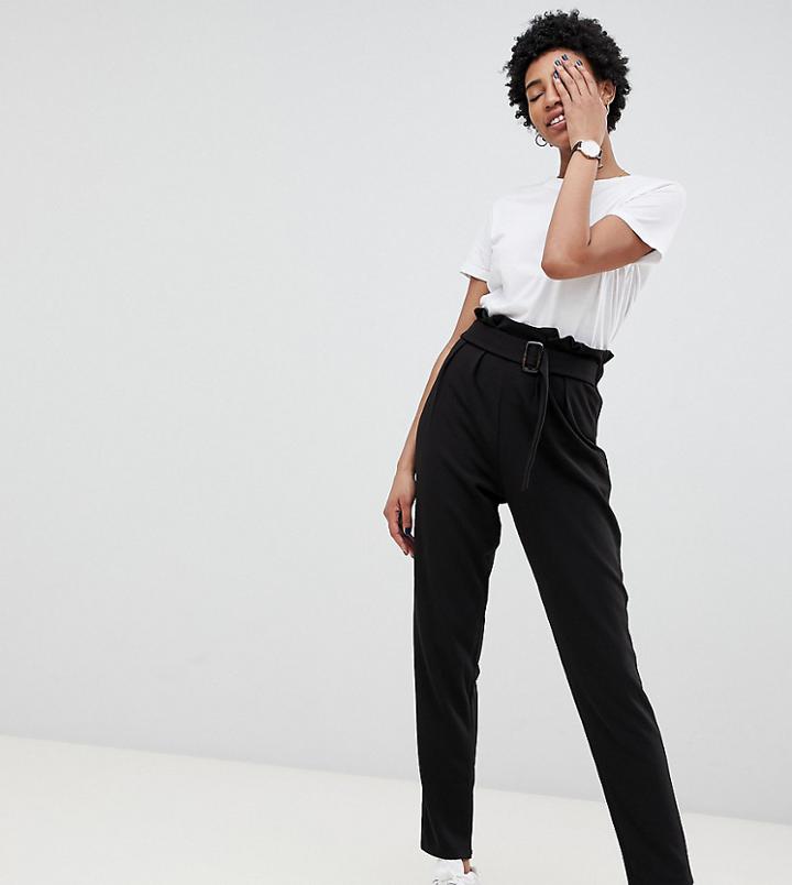 Asos Design Tall Crepe Paperbag Waist Peg Pants With Tortoiseshell Buckle-black