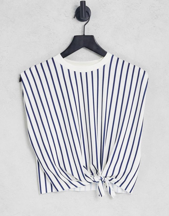 Asos Design Oversized Boxy T-shirt With Tie Front In Ecru And Navy Stripe-multi