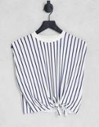 Asos Design Oversized Boxy T-shirt With Tie Front In Ecru And Navy Stripe-multi