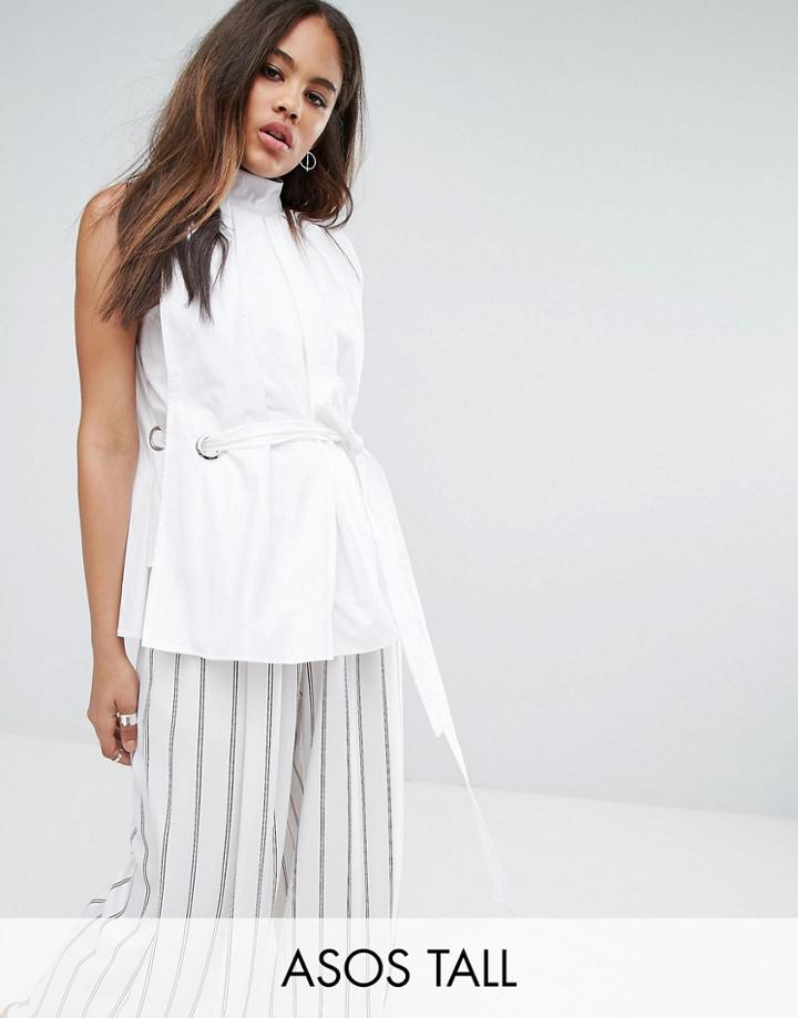Asos Tall Premium High Neck Cotton Top With Eyelet Detail - White