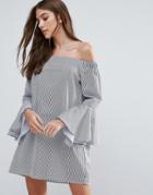 Influence Frill Sleeve Bardot Dress - Blue