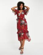 Hope & Ivy Flutter Sleeve Midi Tea Dress In Mixed Floral-multi