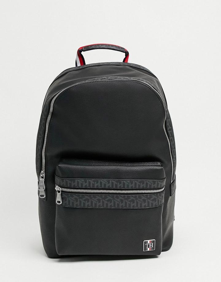 Tommy Hilfiger Leather Faux Leather Monogram Backpack With Logo In Black