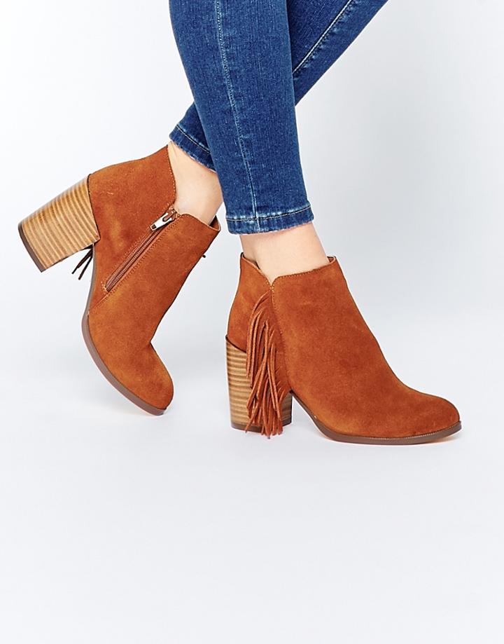 Asos Ella Rose Suede Fringe Ankle Boots - Chestnut