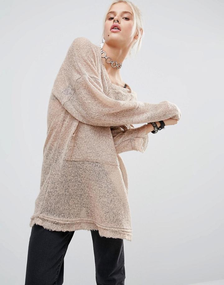 The Ragged Priest Extra Long Sleeve Knit Hoodie - Beige