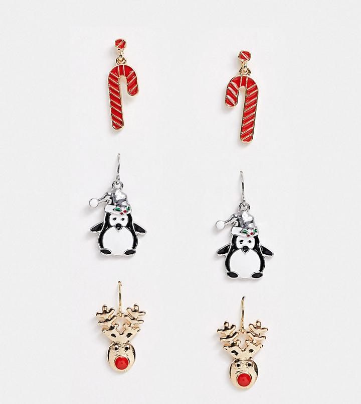 Asos Design Holidays Pack Of 3 Earrings