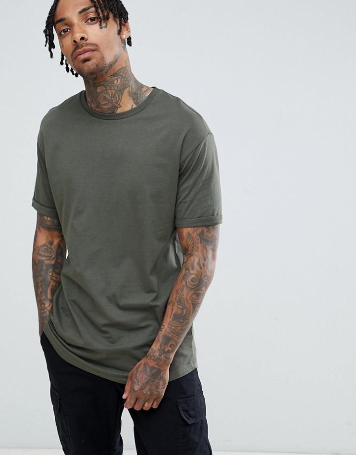 Bershka Longline T-shirt In Khaki - Green