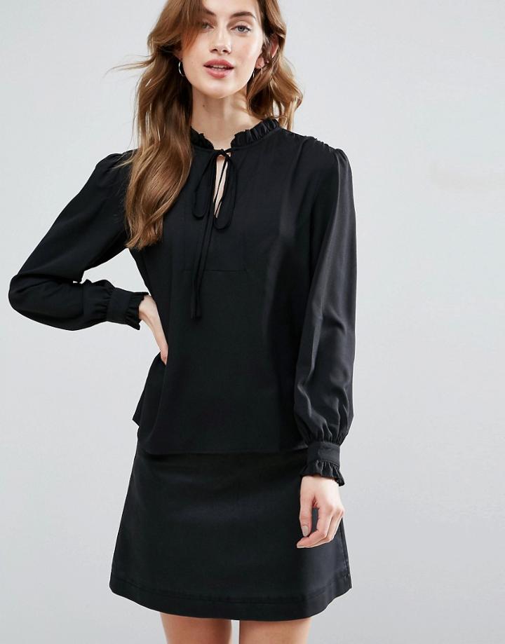 Traffic People Long Sleeve Blouse With Tie Detail - Black