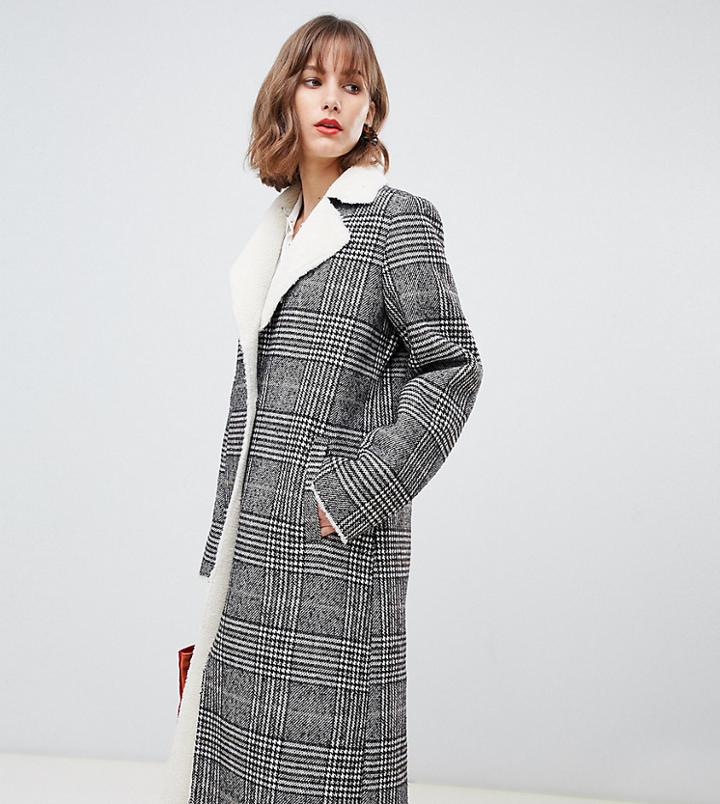 Stradivarius Contrast Shearling Long Line Coat In Check Print-multi