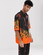 Jaded London Two-piece Festival Two-piece Shirt In Black With Flame Print - Black