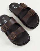 Red Tape Double Buckle Slider Sandals In Brown Leather