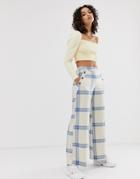 River Island Oversized Check Wide Leg Pants In Cream-blue