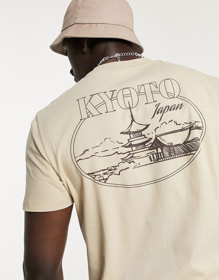 Asos Design T-shirt In Beige Organic Cotton With Kyoto City Back Print-neutral