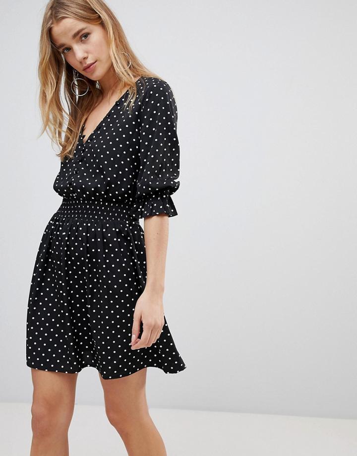 Influence V Neck Polka Dot Tea Dress With Gathered Sleeve - Black